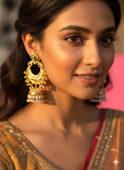 Gold Polish Chandbali Earrings with Pearl Drops | Traditional & Festive Wear