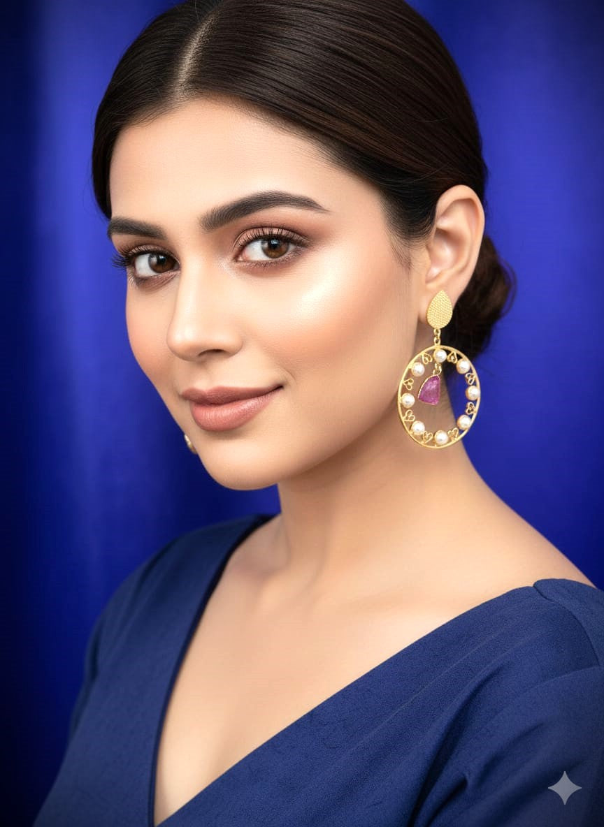 Gold Polish Circular Dangle Earrings with Pink Stone | Elegant Party & Festive Wear Brass Earrings