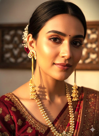 Gold Polish Long Dangle Earrings with Pearl Beads | Traditional & Festive Wear