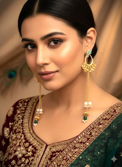 Gold Polish Long Dangle Earrings with Pearls & Green Beads | Elegant Festive & Wedding Wear Earrings