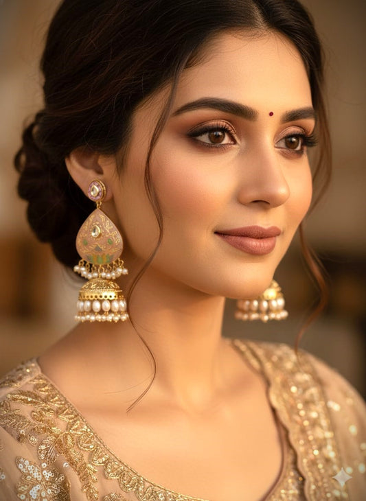 Gold Polish Meenakari Pearl Jhumka Earrings | Traditional & Festive Wear