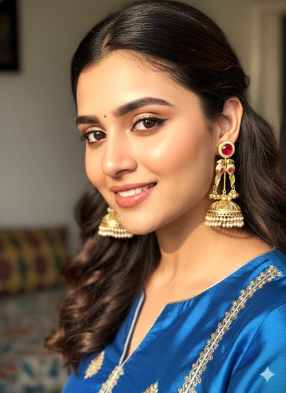 Gold Polish Ruby Jhumka Earrings with Pearl Drops | Traditional & Festive Wear