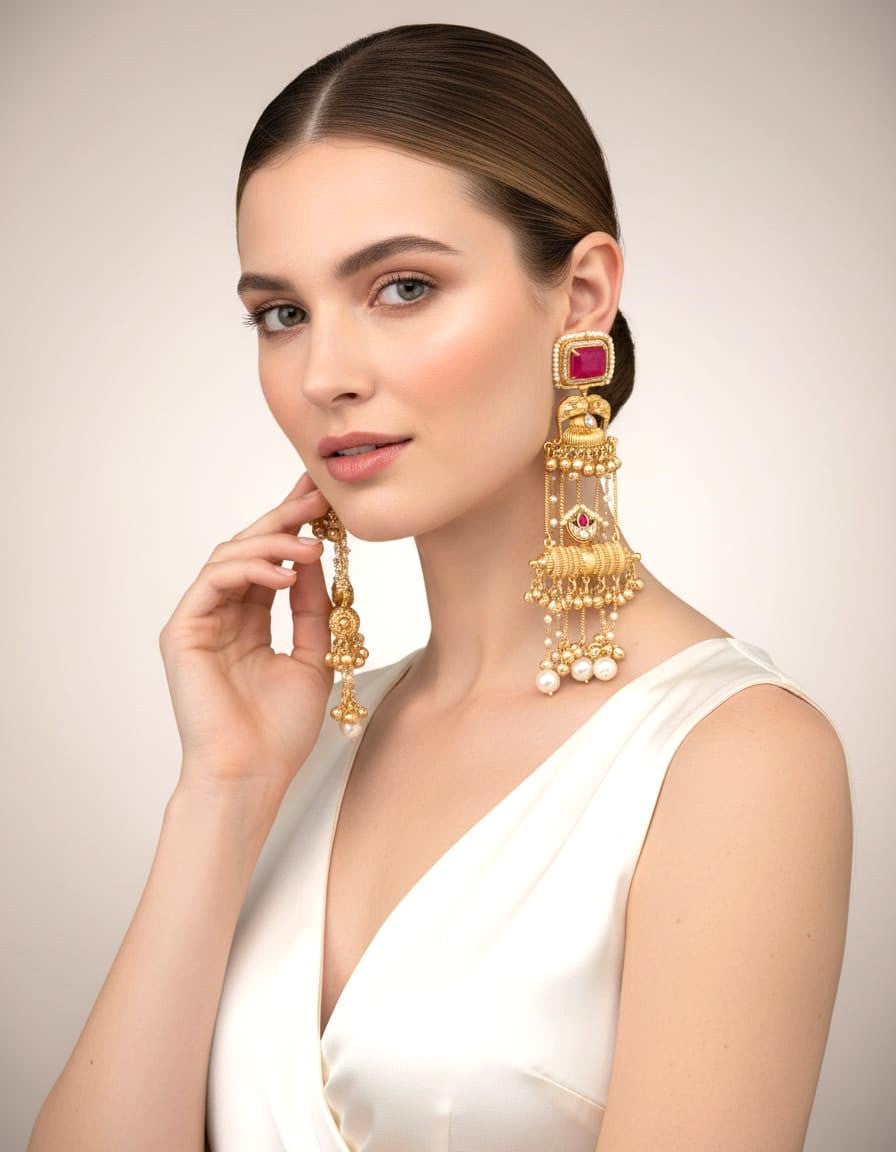 Gold Polish Ruby Long Dangle Earrings with Pearl Drops | Bridal & Statement Wear