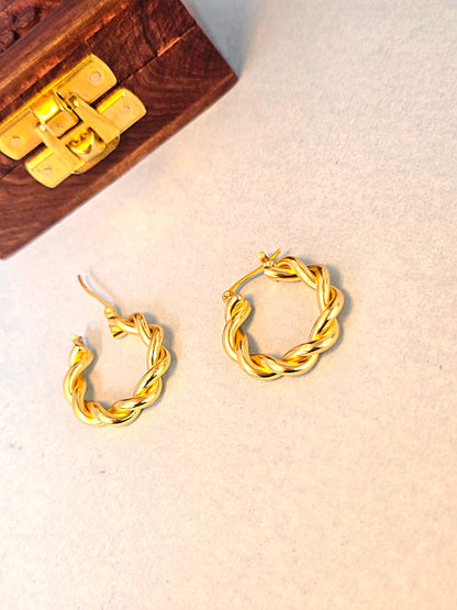 Gold Twisted Hoop Earrings in Brass | Classic Rope Design Hoops by RavJyoti