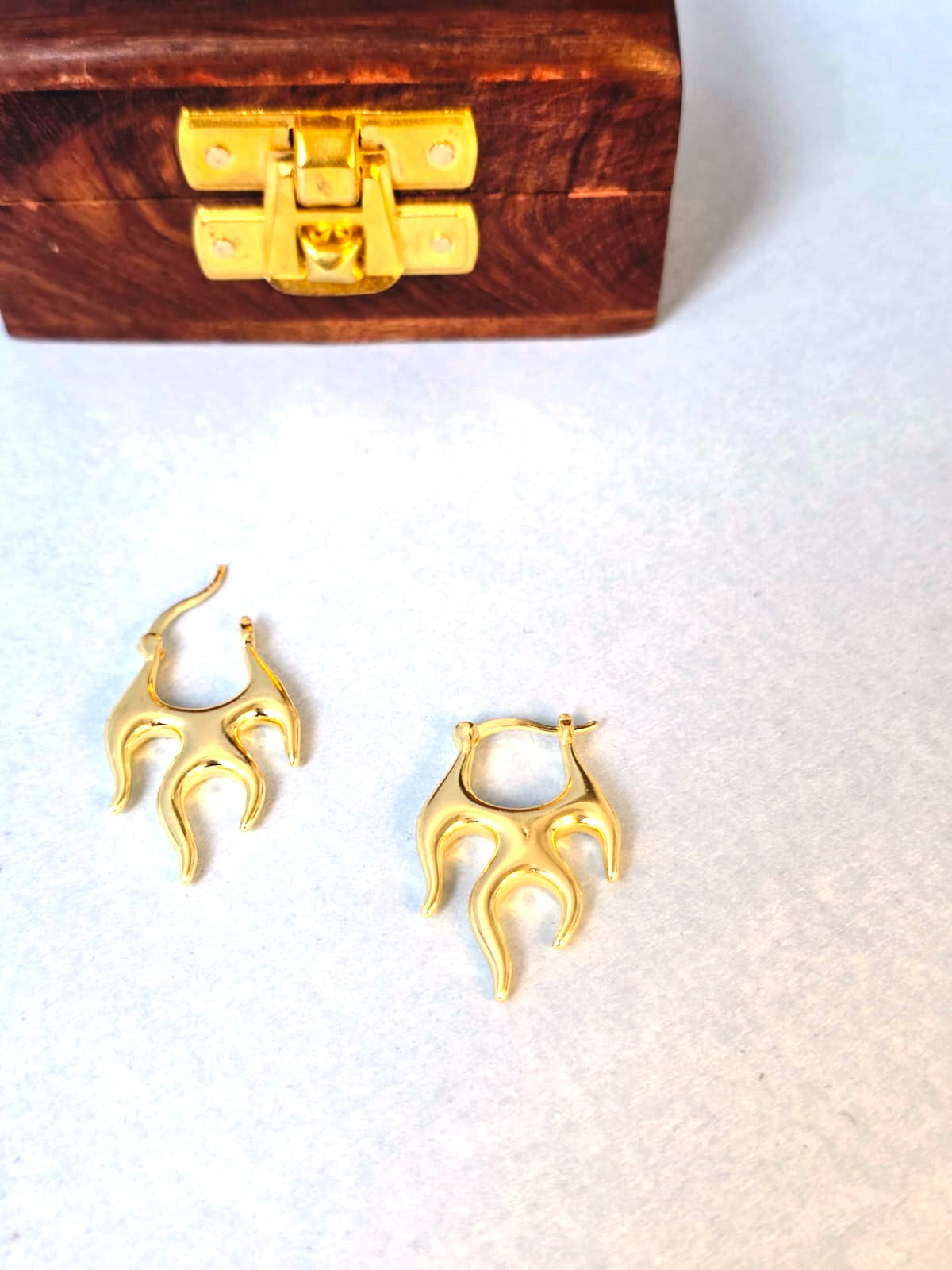 Gold Abstract Flame Hoop Earrings in Brass | Modern Statement Hoops by RavJyoti