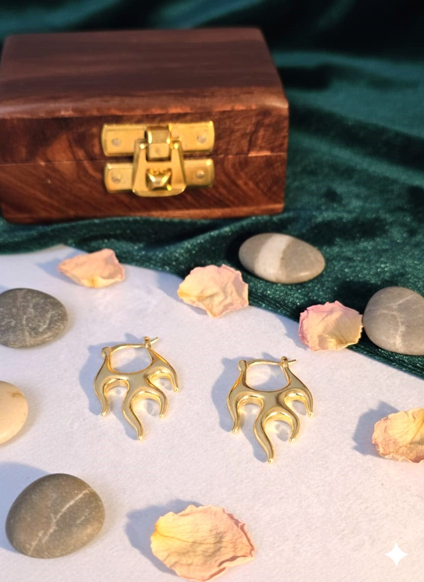 Gold Abstract Flame Hoop Earrings in Brass | Modern Statement Hoops by RavJyoti