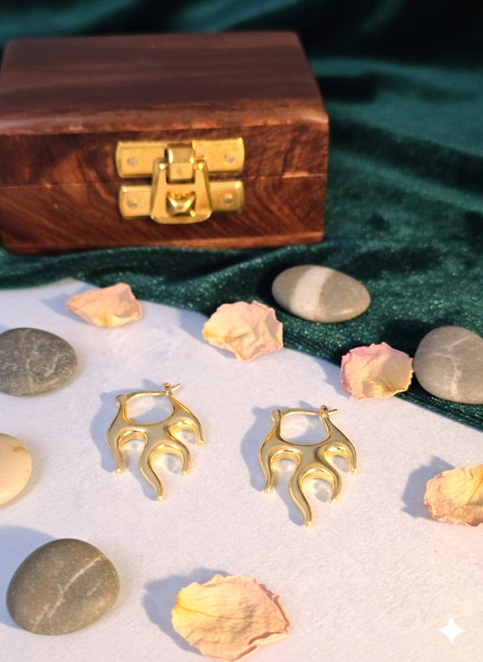 Gold Abstract Flame Hoop Earrings in Brass | Modern Statement Hoops by RavJyoti