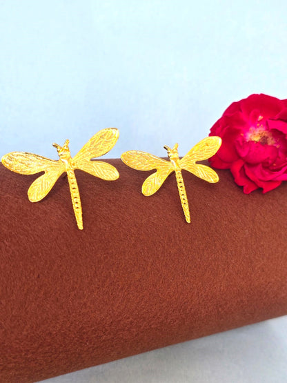 Gold Dragonfly Stud Earrings for women- Minimalist everyday brass earrings