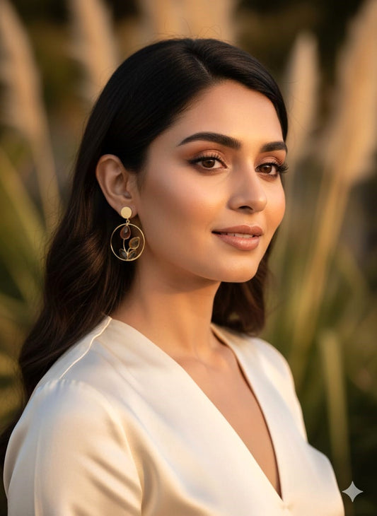 Gold Finish Artistic Hoop Drop Earrings with Multicolour Leaf Design for Women ,Modern Statement Earrings – RavJyoti