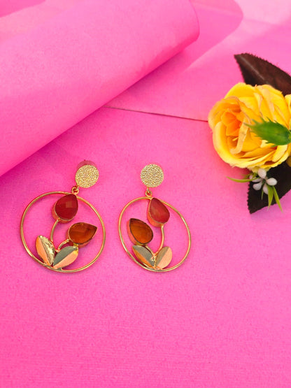 Gold Finish Artistic Hoop Drop Earrings with Multicolour Leaf Design for Women ,Modern Statement Earrings – RavJyoti