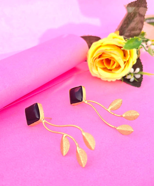 Gold Finish Black Stone Leaf Drop Earrings for Women | Elegant Nature Inspired Designer Earrings – RavJyoti