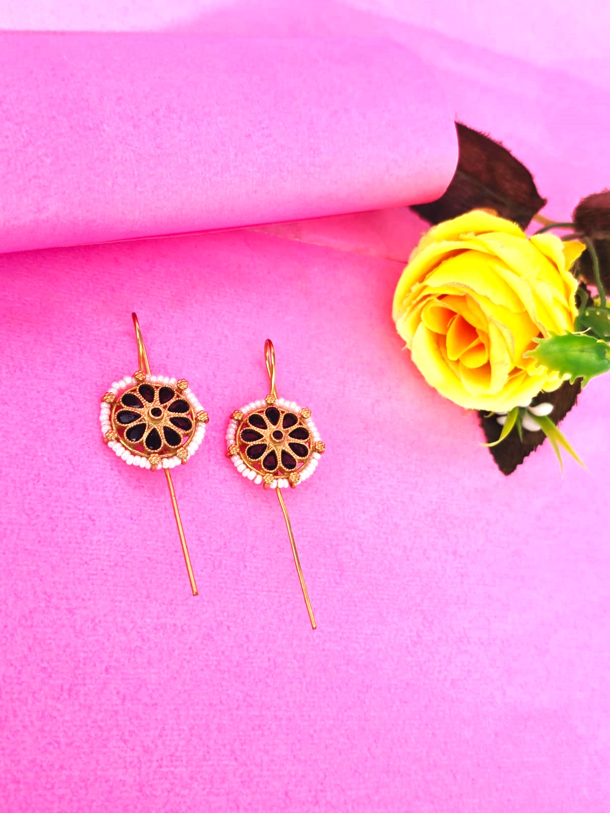Gold Finish Floral Black Enamel Ear Cuffs with Pearl Detailing for Women | Traditional Statement Ear Pins – RavJyoti