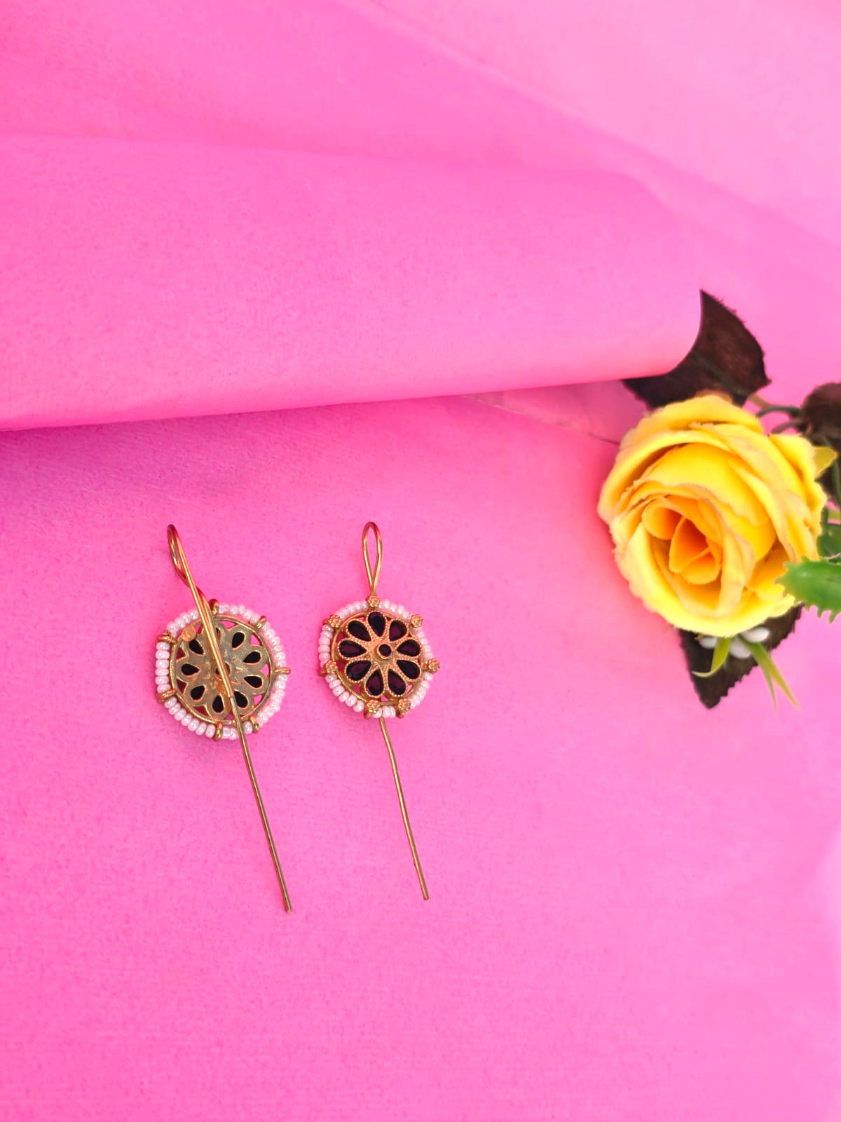 Gold Finish Floral Black Enamel Ear Cuffs with Pearl Detailing for Women | Traditional Statement Ear Pins – RavJyoti