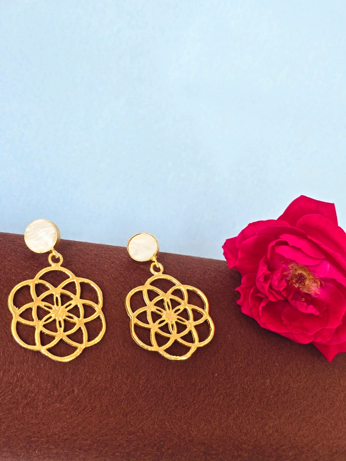 Gold Finish Geometric Floral Brass Dangle Earrings for Women | RavJyoti