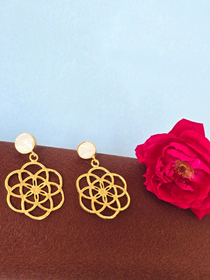 Gold Finish Geometric Floral Brass Dangle Earrings for Women | RavJyoti
