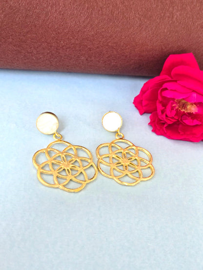 Gold Finish Geometric Floral Brass Dangle Earrings for Women | RavJyoti