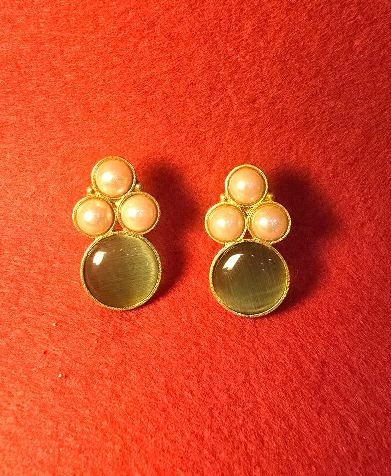 Gold Finish Green Stone & Pearl Stud Earrings for Women | Elegant Minimal Designer Earrings – RavJyoti