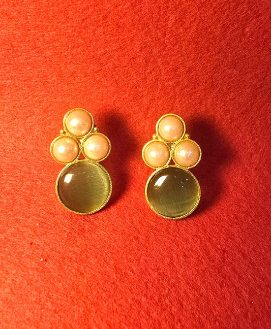 Gold Finish Green Stone & Pearl Stud Earrings for Women | Elegant Minimal Designer Earrings – RavJyoti
