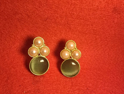 Gold Finish Green Stone & Pearl Stud Earrings for Women | Elegant Minimal Designer Earrings – RavJyoti