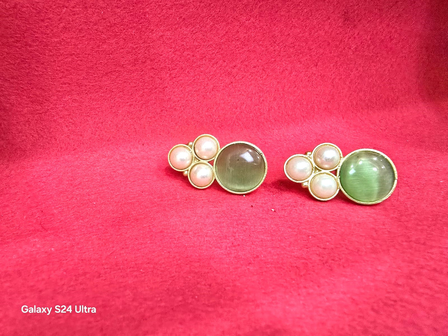 Gold Finish Green Stone & Pearl Stud Earrings for Women | Elegant Minimal Designer Earrings – RavJyoti