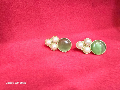 Gold Finish Green Stone & Pearl Stud Earrings for Women | Elegant Minimal Designer Earrings – RavJyoti