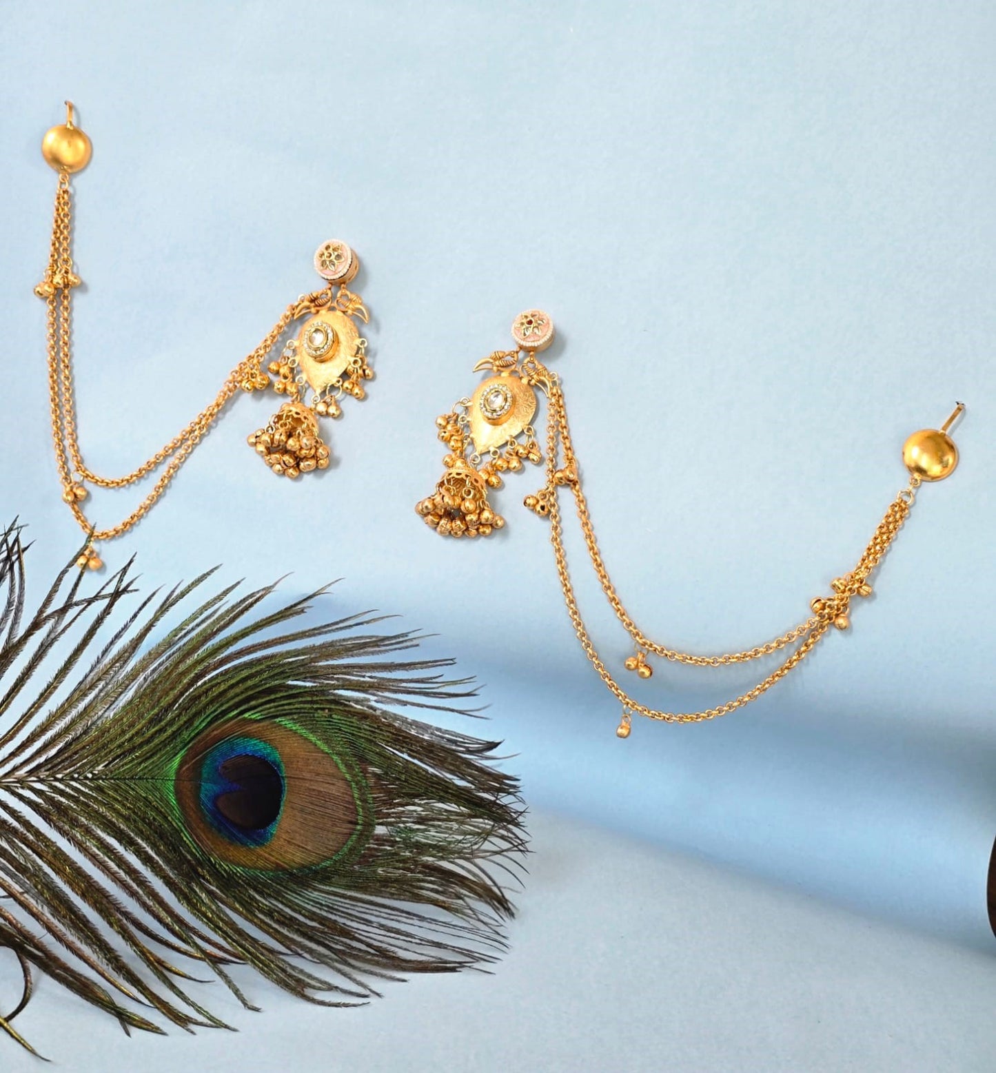 Gold Finish Kashmiri Style Jhumka Earrings with Ear Chain,Traditional Bridal Ethnic Earrings