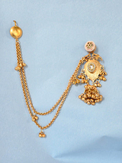 Gold Finish Kashmiri Style Jhumka Earrings with Ear Chain,Traditional Bridal Ethnic Earrings