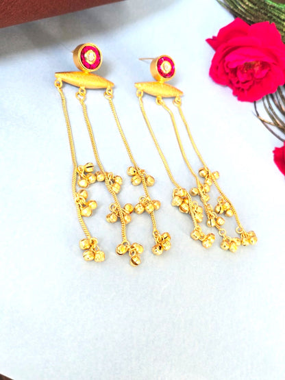 Gold Finish Kashmiri Style Long Drop Earrings,Traditional Ethnic Earrings