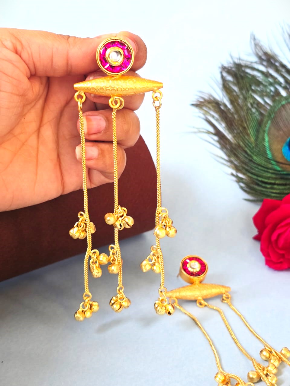 Gold Finish Kashmiri Style Long Drop Earrings,Traditional Ethnic Earrings
