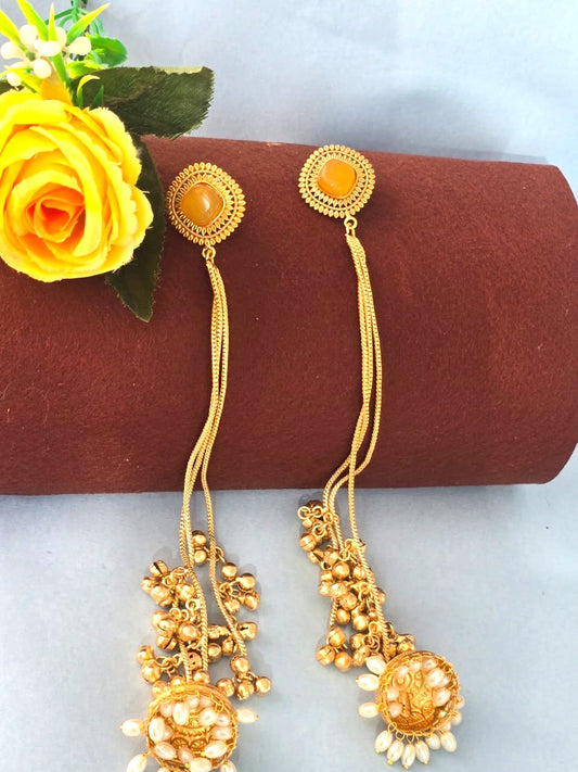 Gold Finish Long Jhumka Earrings with Pearls for Women | Traditional Festive Earrings – RavJyoti