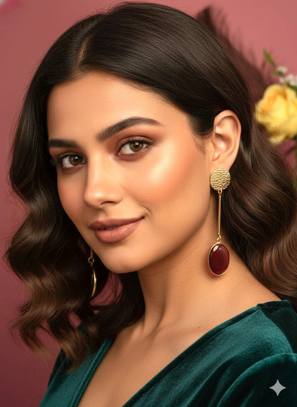 Gold Finish Maroon Oval Stone Long Drop Earrings for Women | Elegant Minimal Designer Earrings – RavJyoti