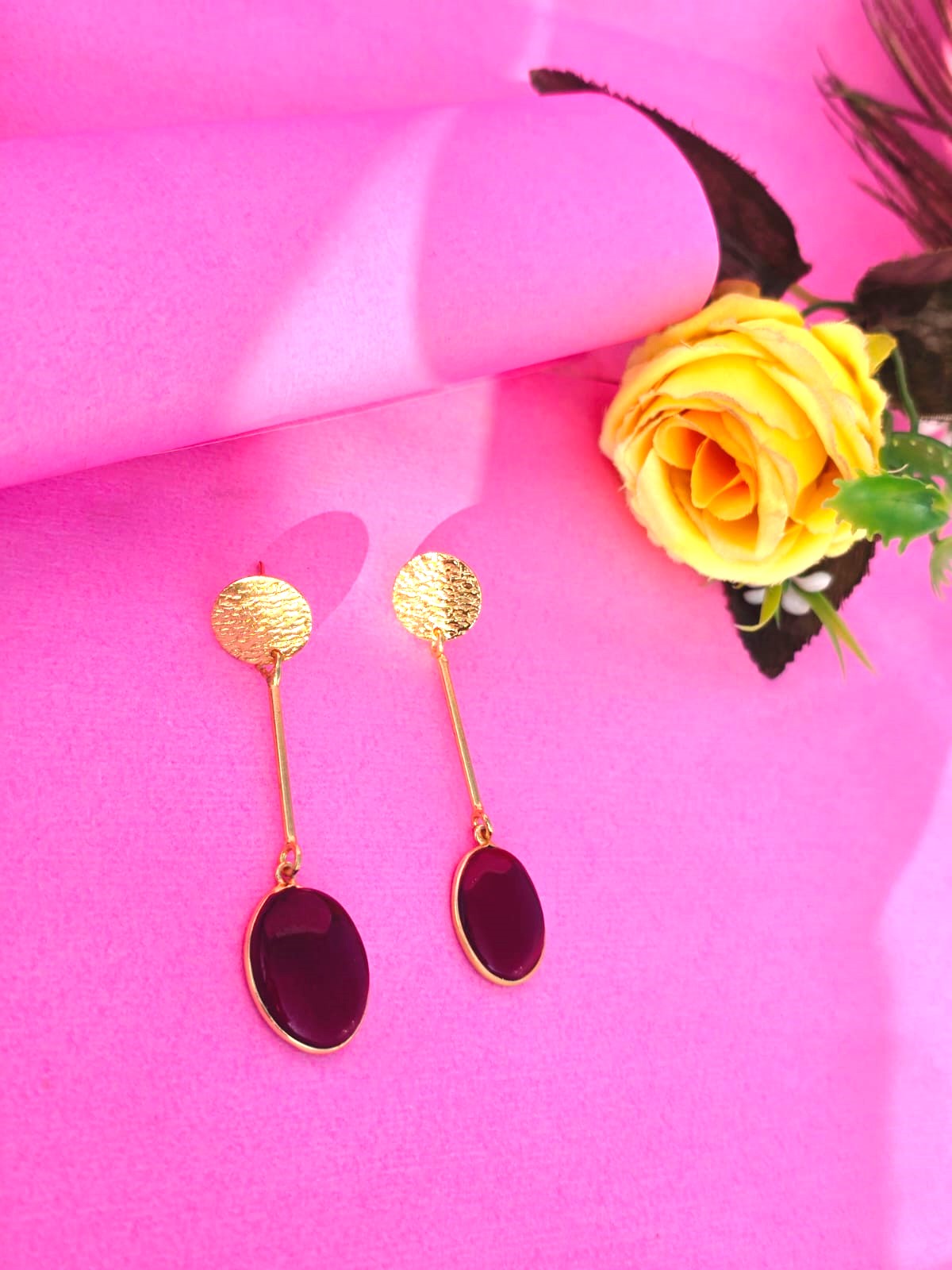 Gold Finish Maroon Oval Stone Long Drop Earrings for Women | Elegant Minimal Designer Earrings – RavJyoti
