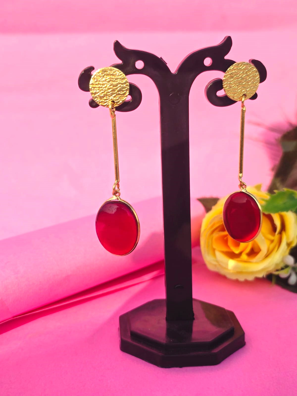 Gold Finish Maroon Oval Stone Long Drop Earrings for Women | Elegant Minimal Designer Earrings – RavJyoti
