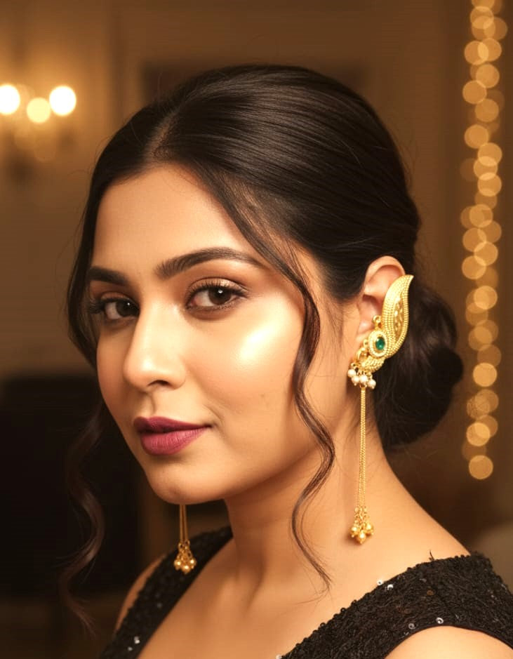 Gold Finish Peacock Ear Cuff Earrings with Green Stone & Pearl Chains for Women ,Traditional Statement Earrings