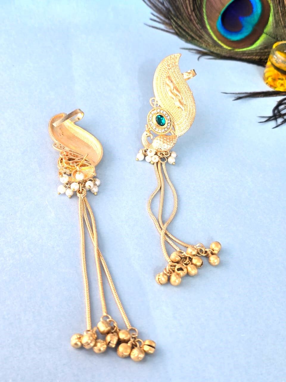 Gold Finish Peacock Ear Cuff Earrings with Green Stone & Pearl Chains for Women ,Traditional Statement Earrings