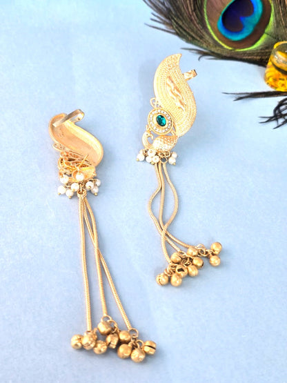 Gold Finish Peacock Ear Cuff Earrings with Green Stone & Pearl Chains for Women ,Traditional Statement Earrings