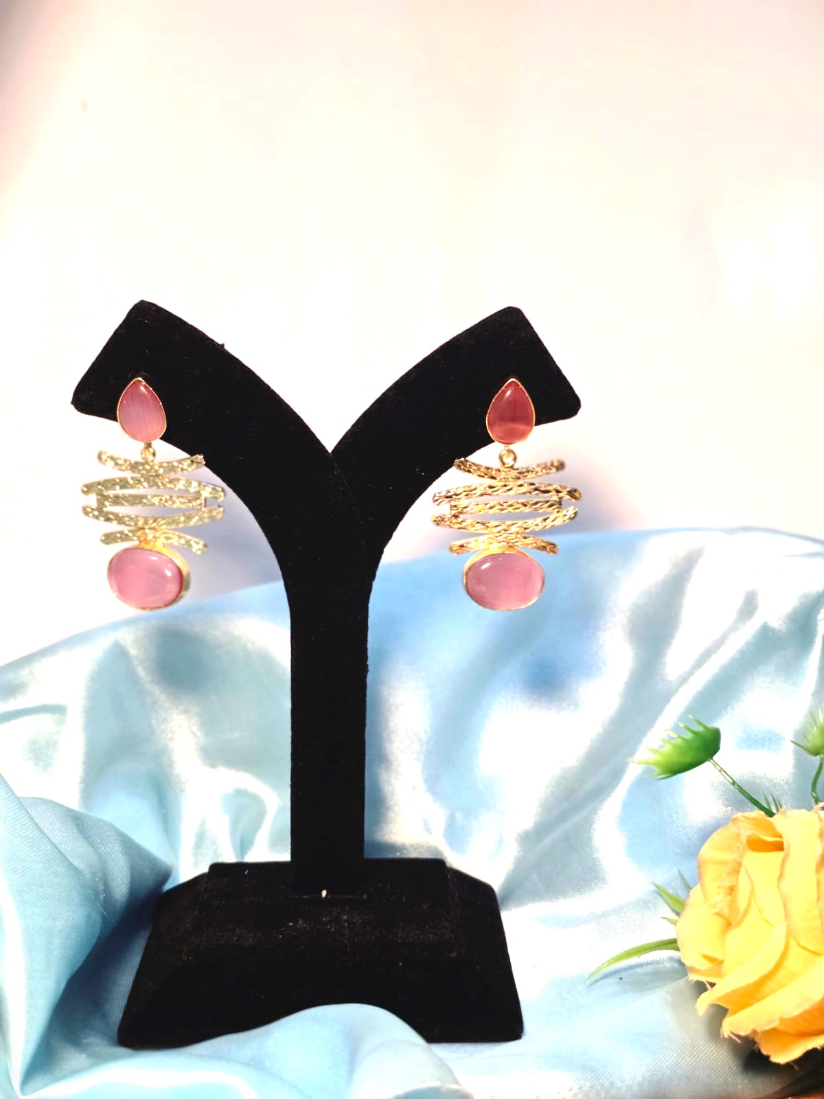 Gold Finish Pink Stone Statement Drop Earrings for Women ,Elegant Modern Designer Earrings – RavJyoti