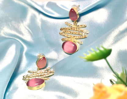 Gold Finish Pink Stone Statement Drop Earrings for Women ,Elegant Modern Designer Earrings – RavJyoti