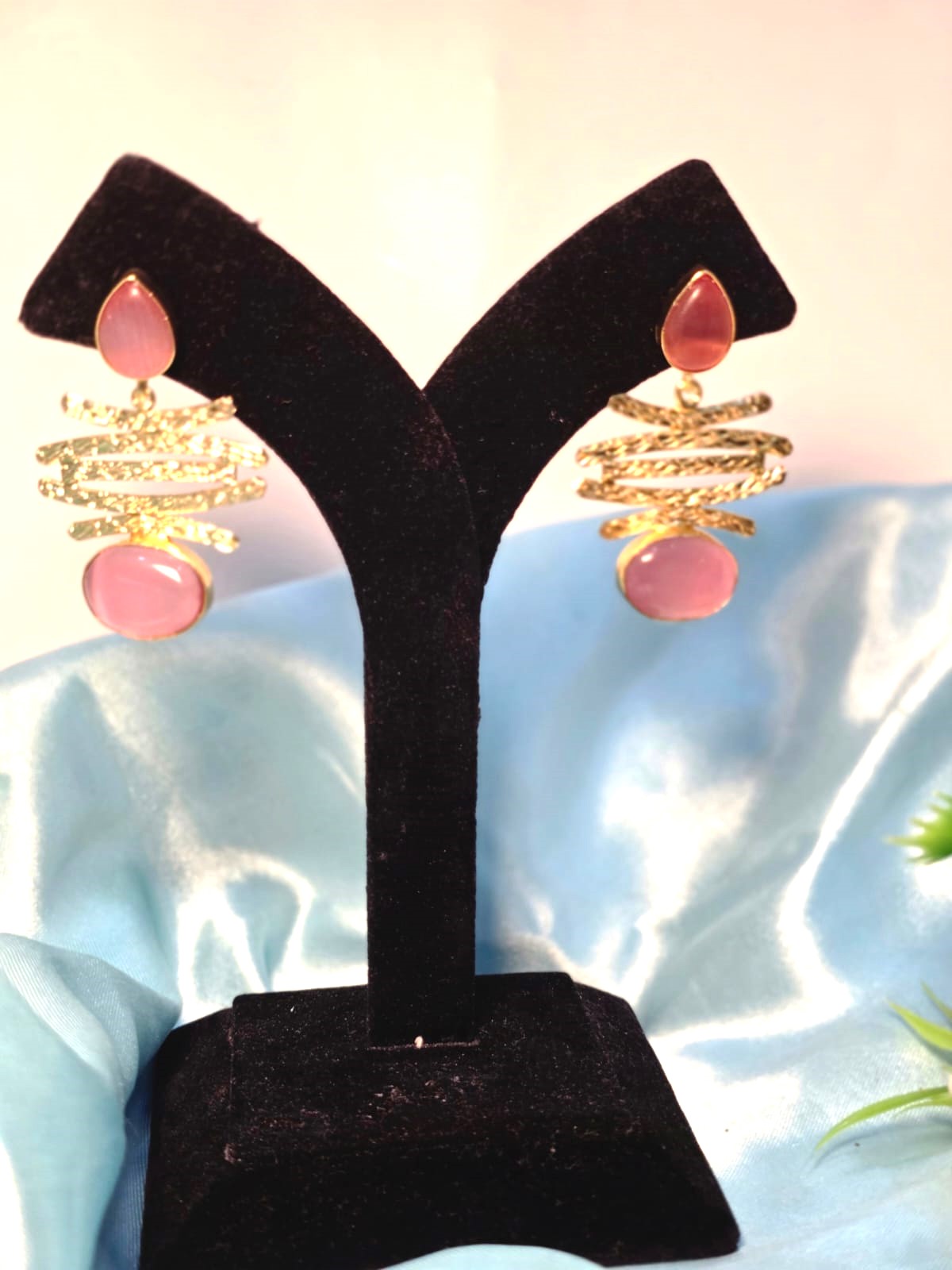 Gold Finish Pink Stone Statement Drop Earrings for Women ,Elegant Modern Designer Earrings – RavJyoti