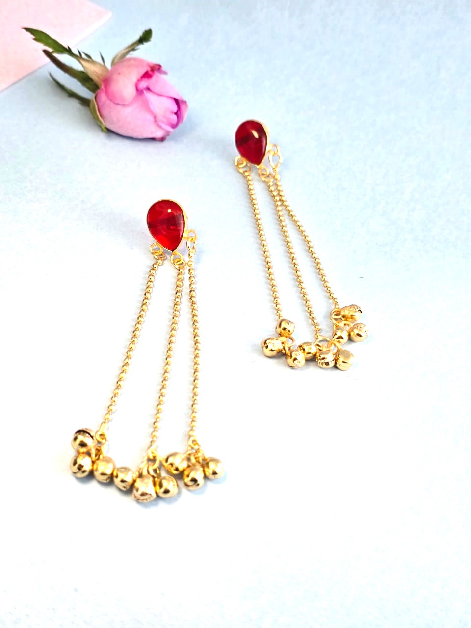 Gold Finish Red Stone Long Tassel Earrings for Women | Traditional Wedding & Festive Earrings – RavJyoti