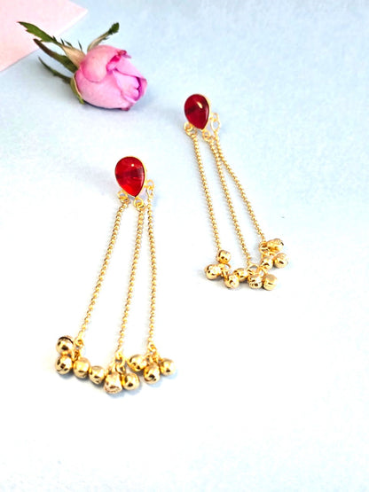 Gold Finish Red Stone Long Tassel Earrings for Women | Traditional Wedding & Festive Earrings – RavJyoti