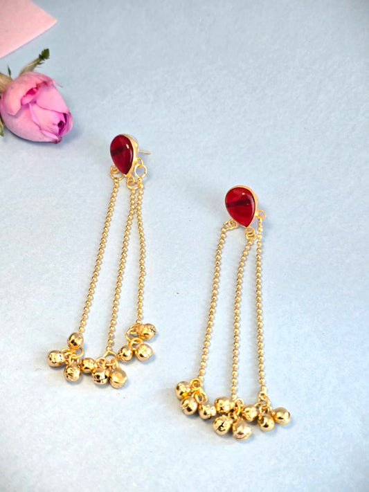 Gold Finish Red Stone Long Tassel Earrings for Women | Traditional Wedding & Festive Earrings – RavJyoti