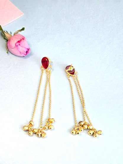 Gold Finish Red Stone Long Tassel Earrings for Women | Traditional Wedding & Festive Earrings – RavJyoti