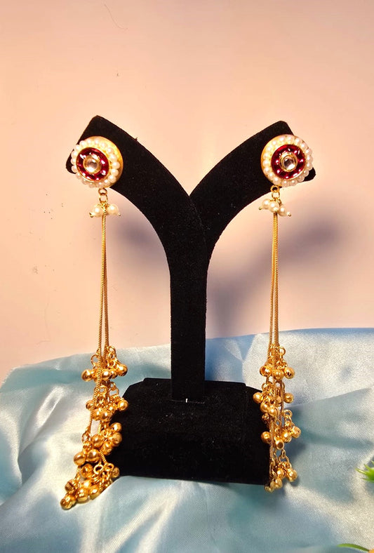 Gold Finish Red Stone Pearl Long Tassel Earrings - Traditional Festive Statement Earrings – RavJyoti