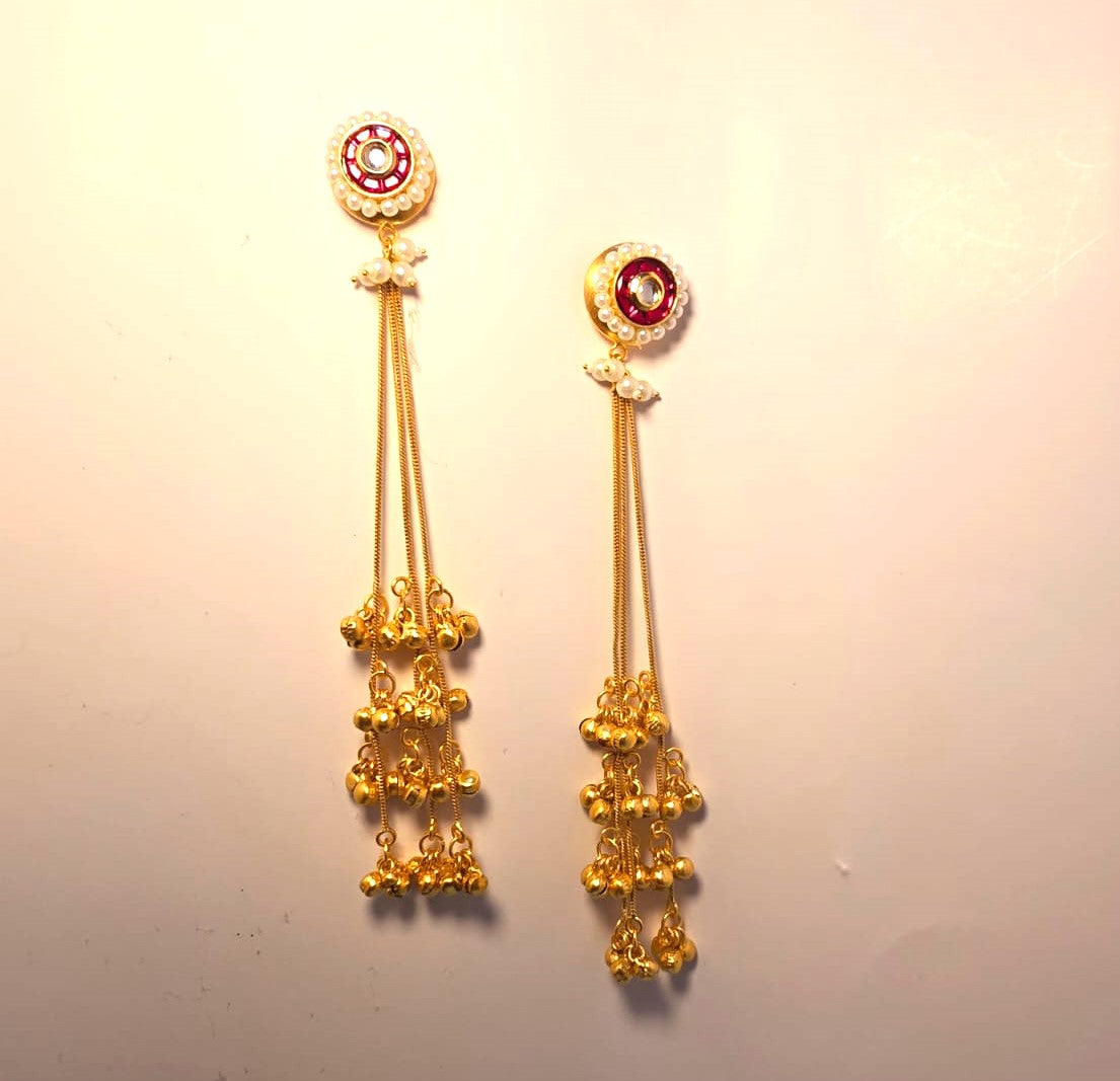 Gold Finish Red Stone Pearl Long Tassel Earrings - Traditional Festive Statement Earrings – RavJyoti
