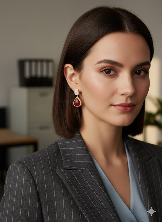 Gold Finish Red Teardrop Stone Drop Earrings for Women,| Elegant Minimal Designer Earrings