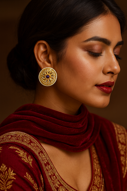 Gold Finish Round Kundan Stud Earrings with Blue Stone for Women | Traditional Ethnic Earrings – RavJyoti