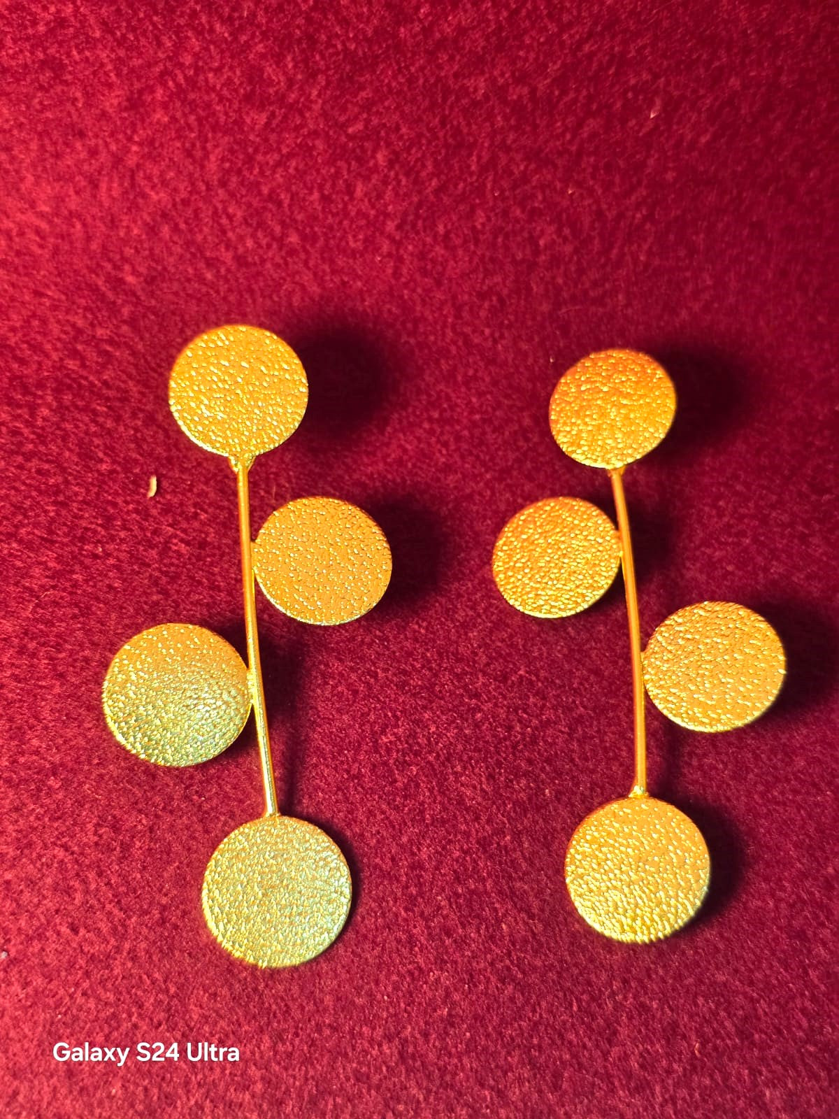 Gold Finish Textured Disc Long Drop Earrings for Women , Elegant Statement Earrings – RavJyoti