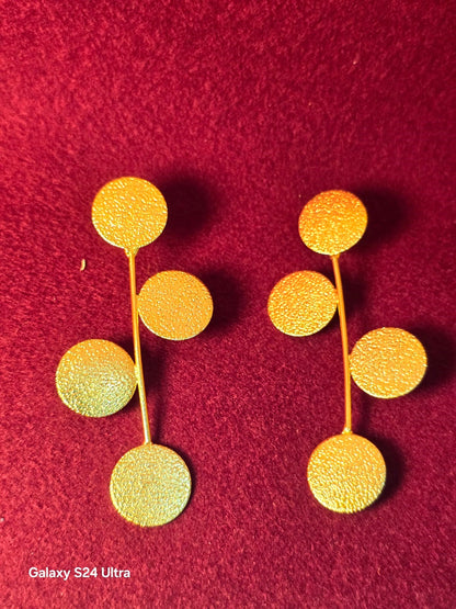 Gold Finish Textured Disc Long Drop Earrings for Women , Elegant Statement Earrings – RavJyoti