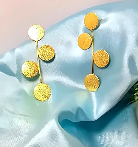 Gold Finish Textured Disc Long Drop Earrings for Women , Elegant Statement Earrings – RavJyoti